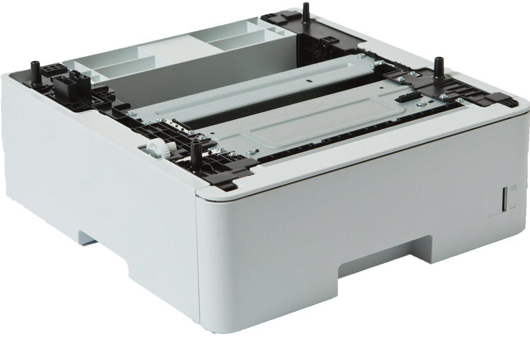 Witte printerchassis, bovenkant open. Zwarte interne componenten zichtbaar, witte basis en een USB-poort aan de zijkant.