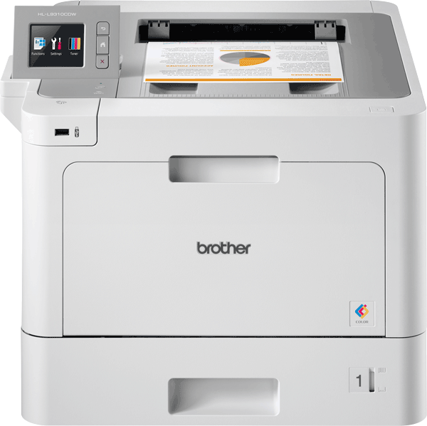 Witte Brother printer met kleurenscherm en document in de lade. Het Brother-logo is zichtbaar.