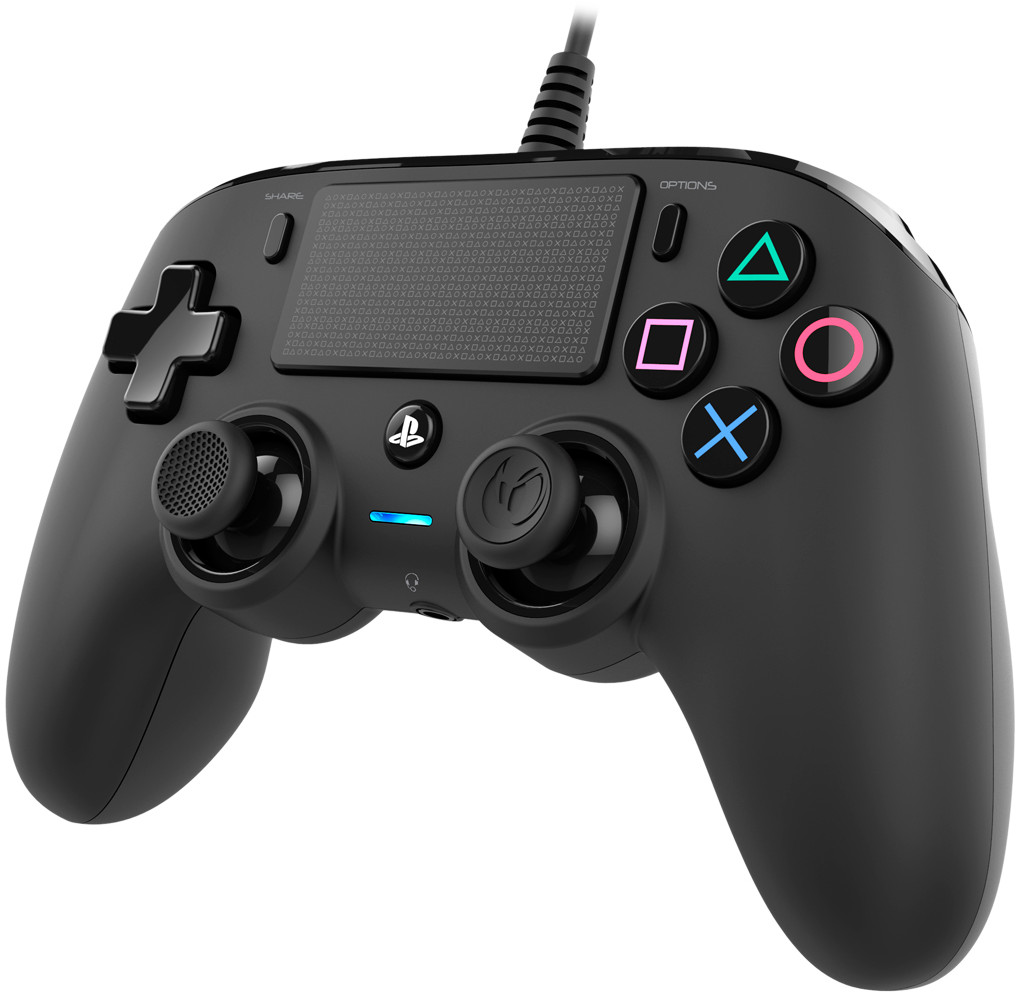 Black gamepad with buttons. Blue light on the bottom. Share, options, and action buttons are visible.