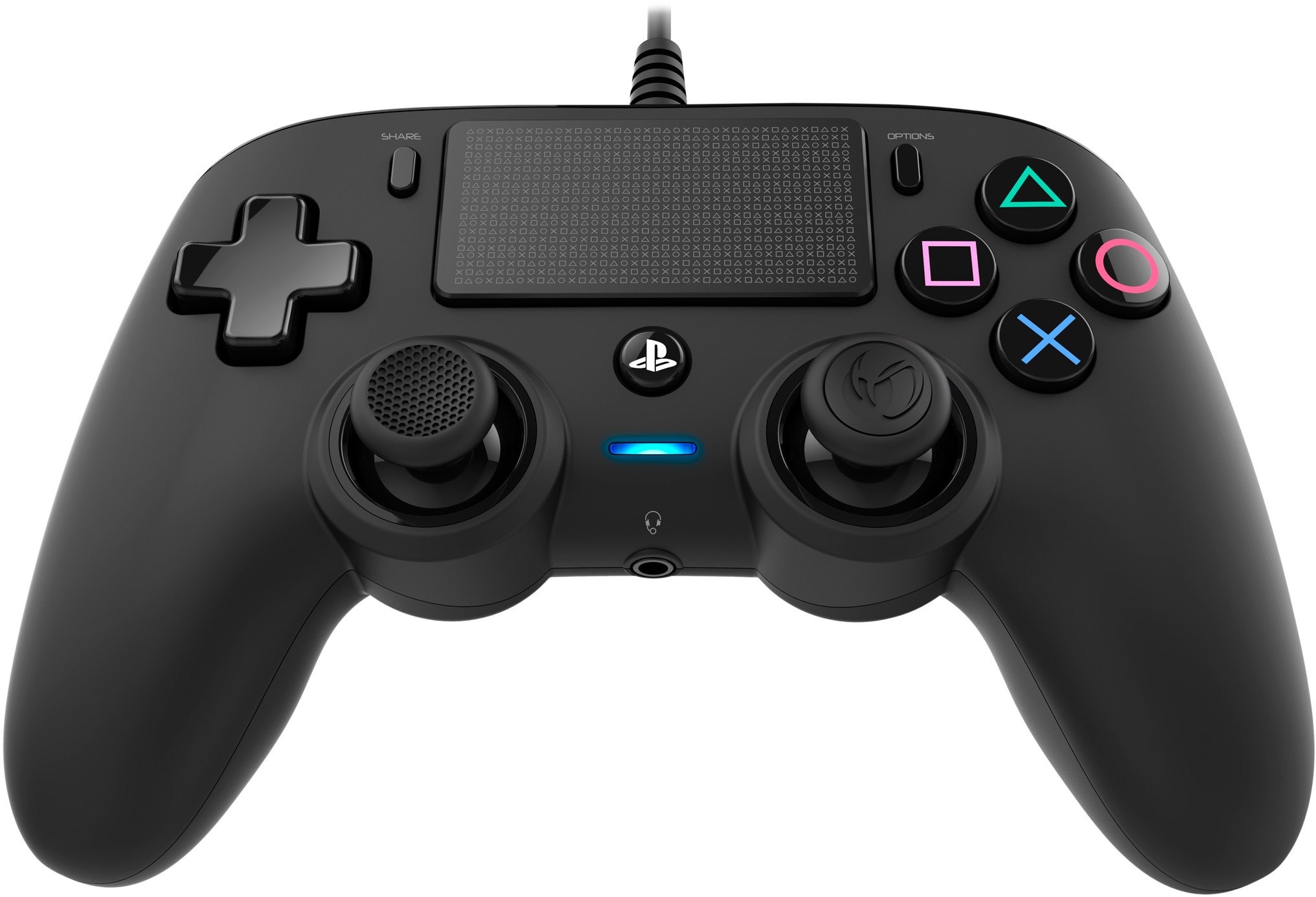 Black PlayStation controller with buttons, joysticks, and a headphone jack.