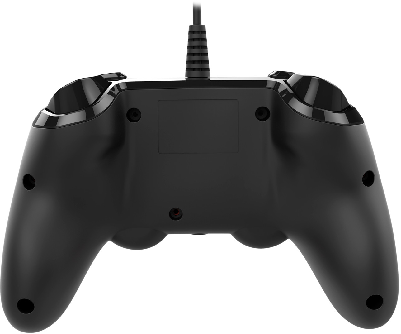 A black gamepad with a cord, viewed from the back, with buttons and ports visible.