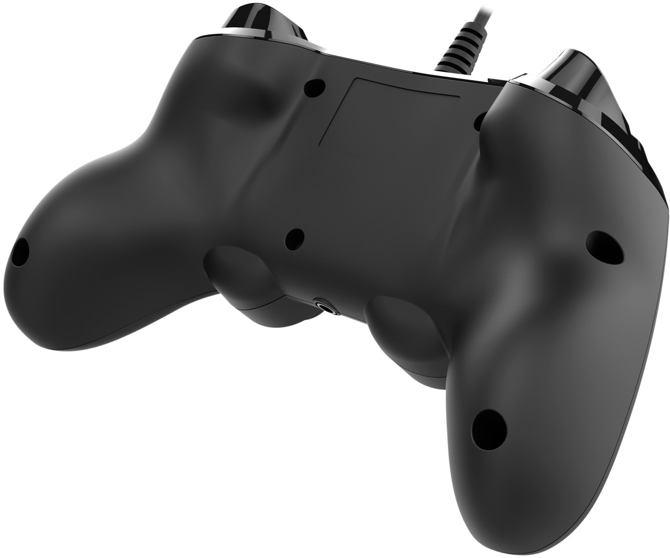 Back view of a black game controller with buttons and a cord, isolated on white.