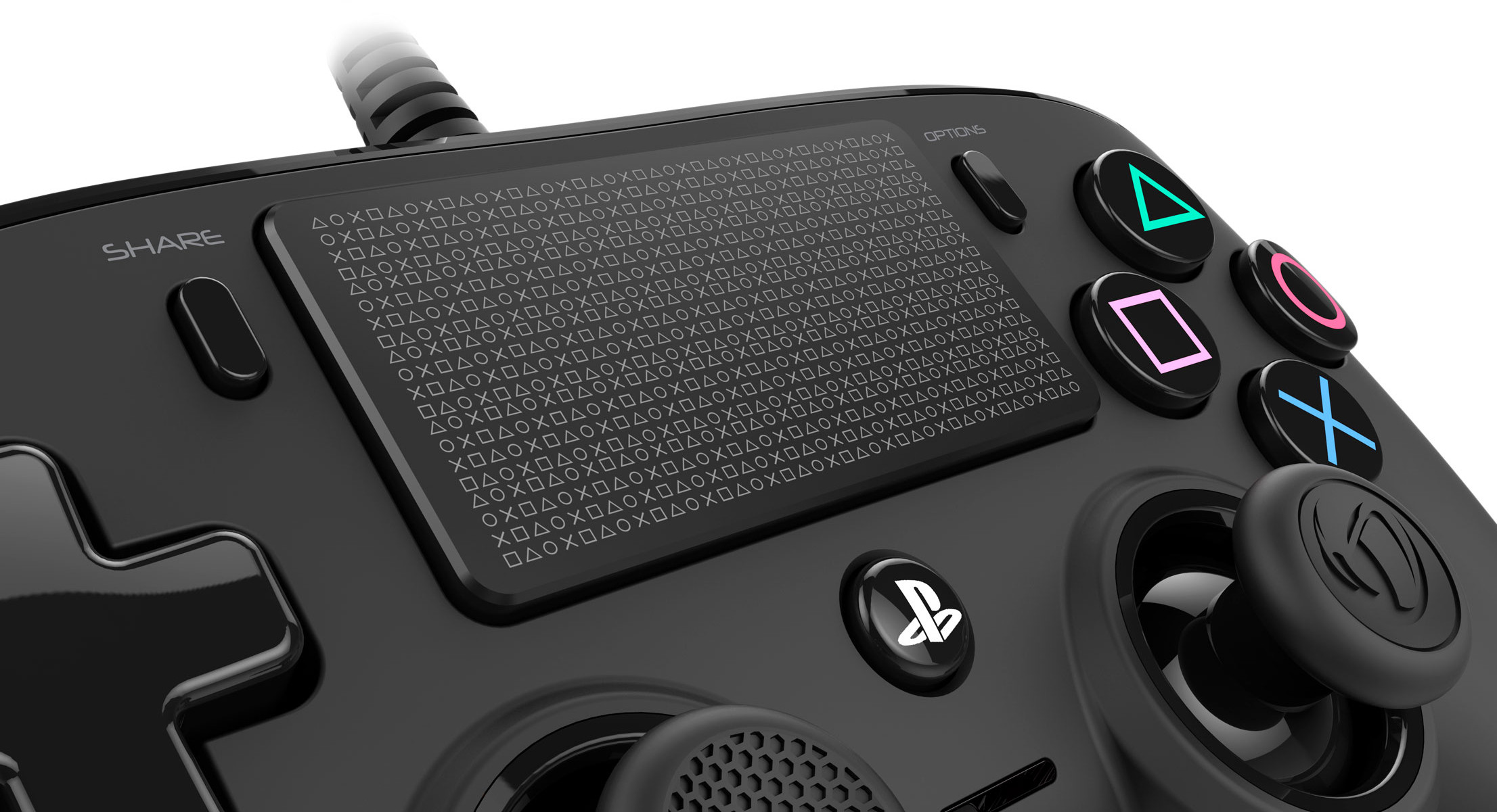 Black game controller with buttons: share, options, and PlayStation symbols.