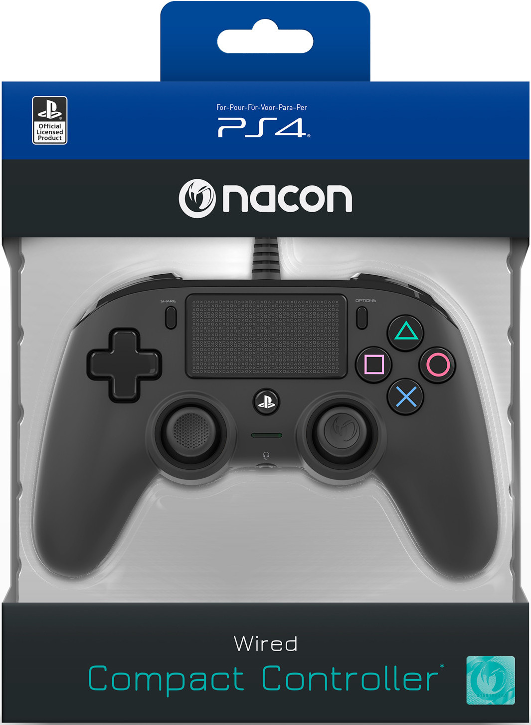 A black Nacon PS4 wired compact controller, boxed, with a white background and blue accents.