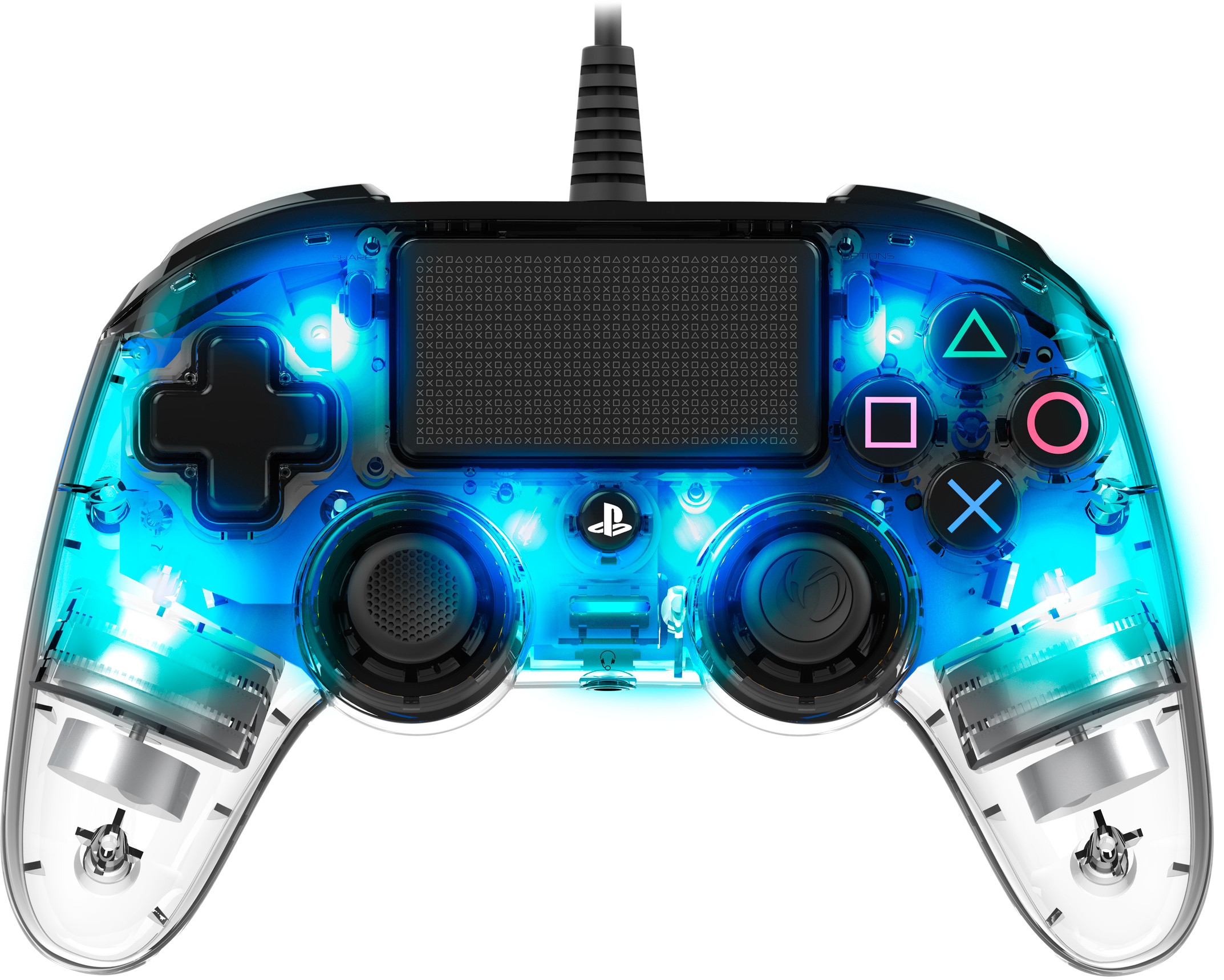 Clear PlayStation controller with blue internal lights, share, options, action buttons, and joystick.