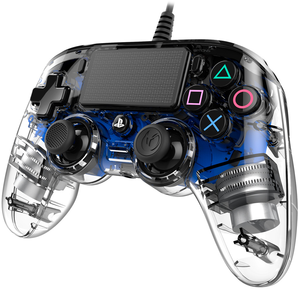Clear transparent game controller with buttons. Black joystick and blue interior.