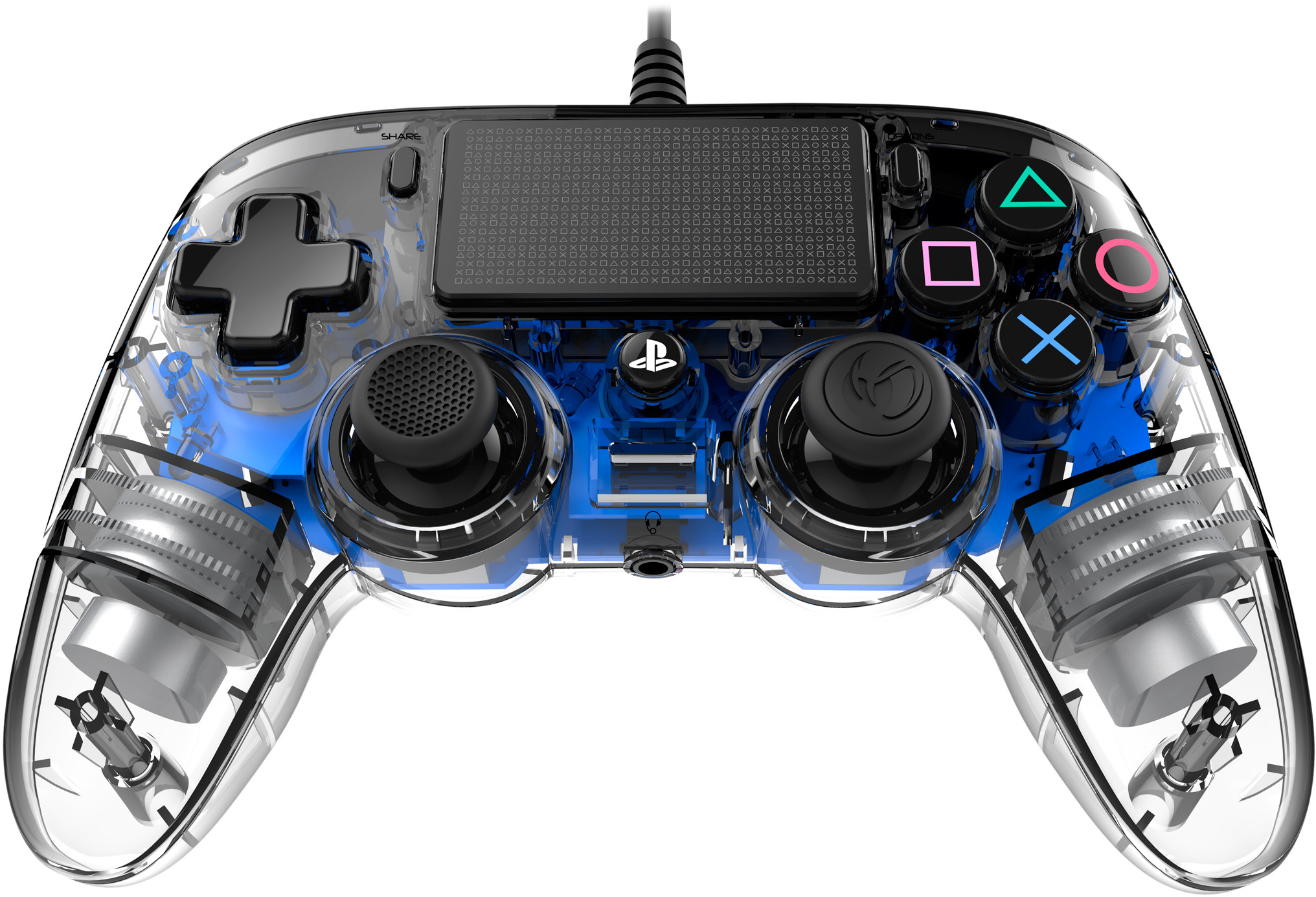 A transparent blue PlayStation controller with buttons and joysticks.