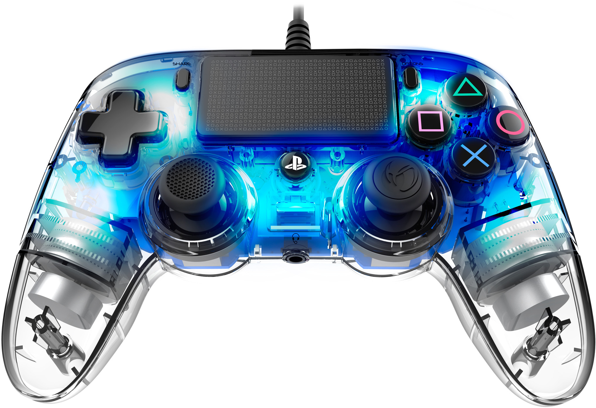 Blue and transparent PlayStation controller with buttons visible.
