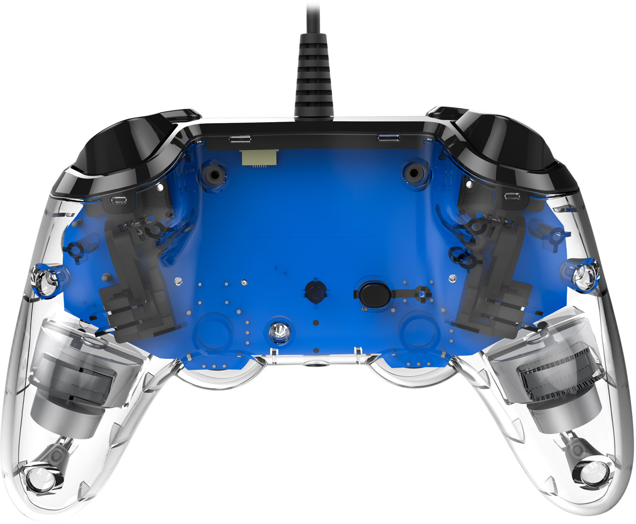 A transparent game controller with a blue interior and visible internal components, with a black cable.