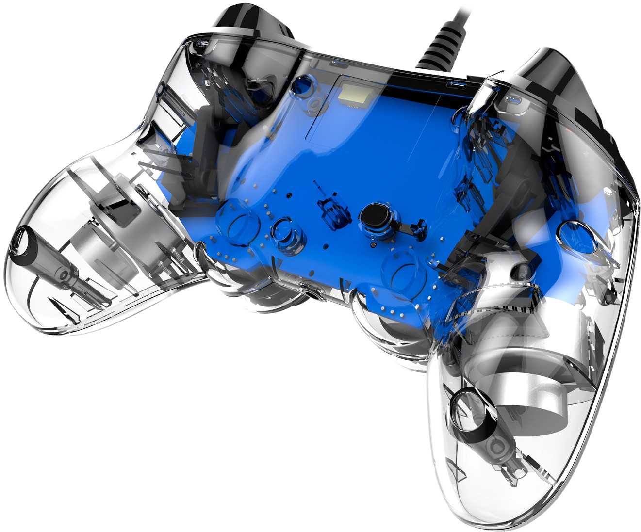 Transparent game controller with blue internal components, visible circuitry, and wiring.