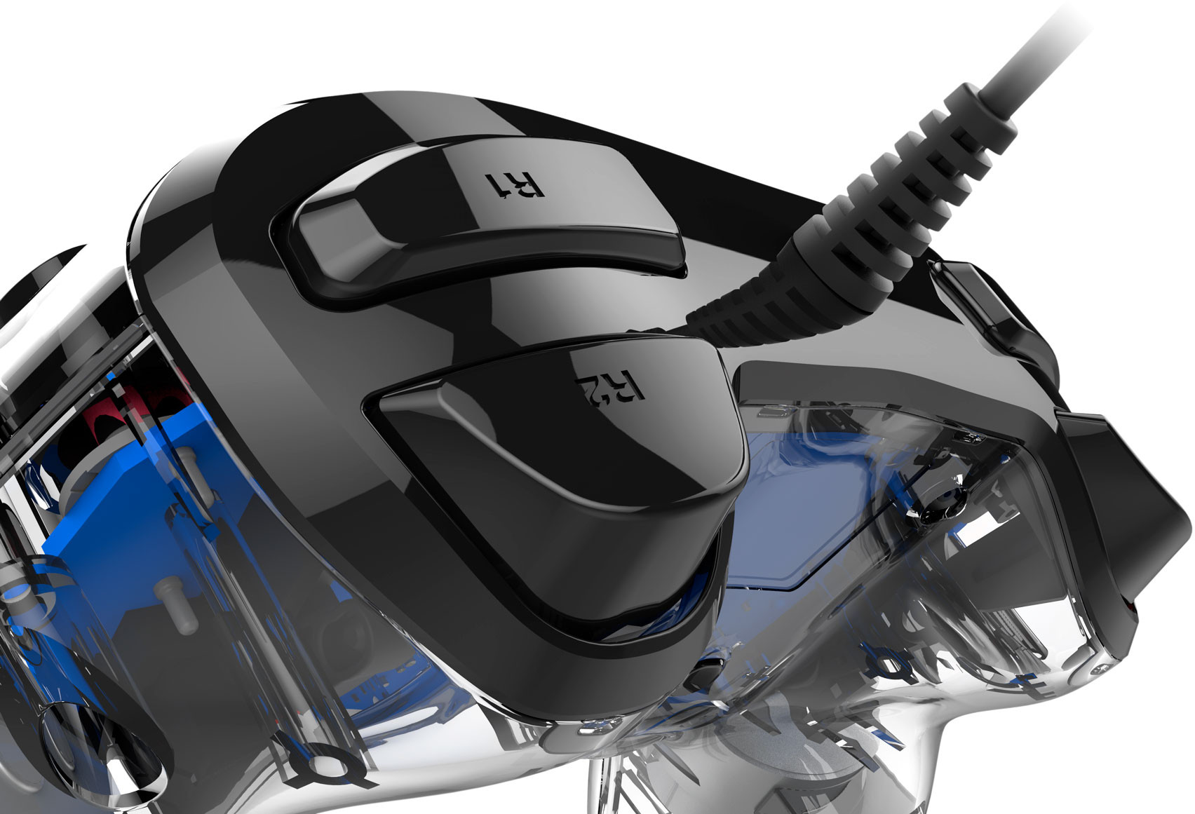 A close-up of the top part of a black and transparent game controller with buttons R1 and R2.