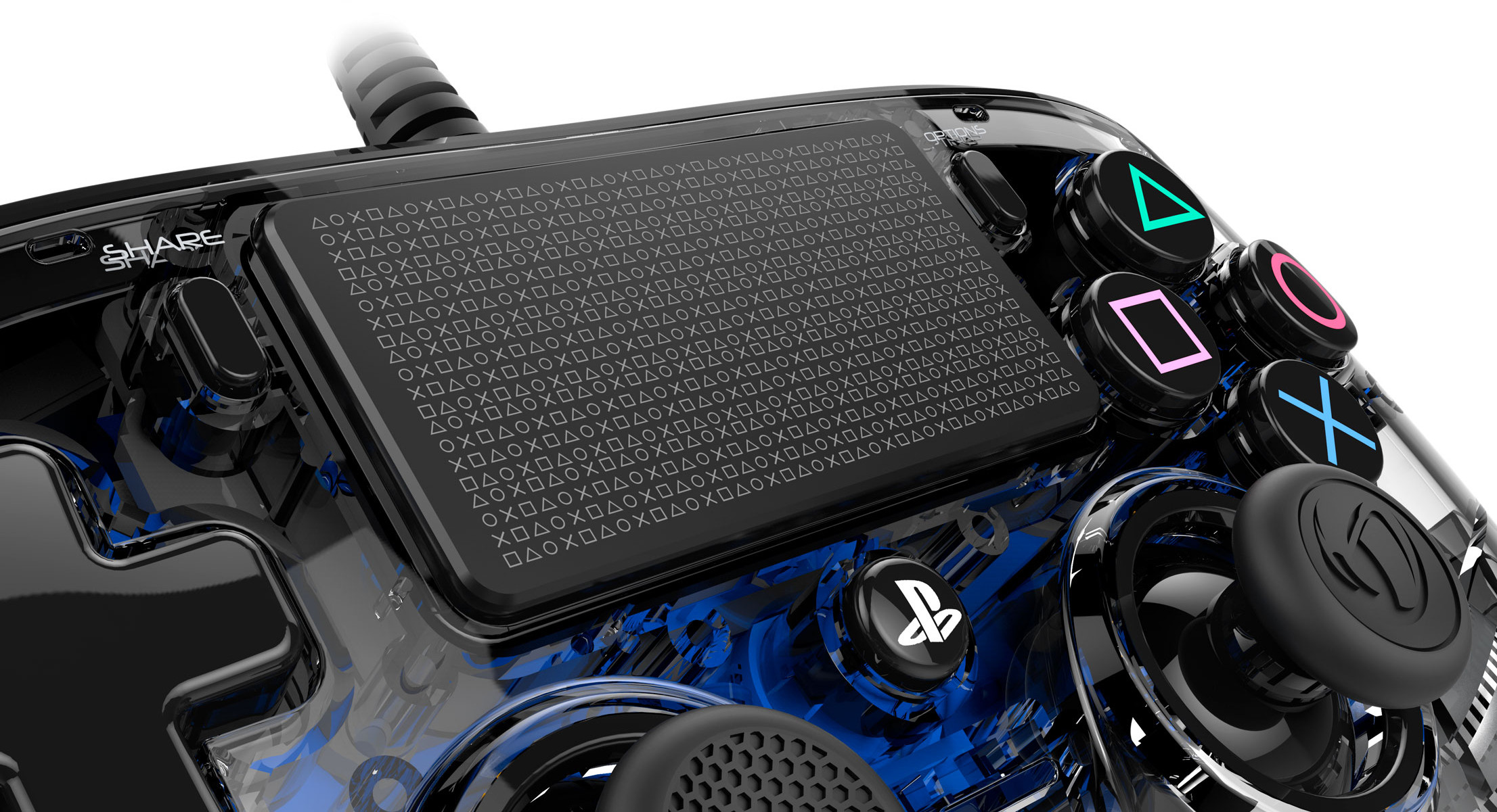 A transparent blue and black PlayStation controller with buttons and a touchpad.