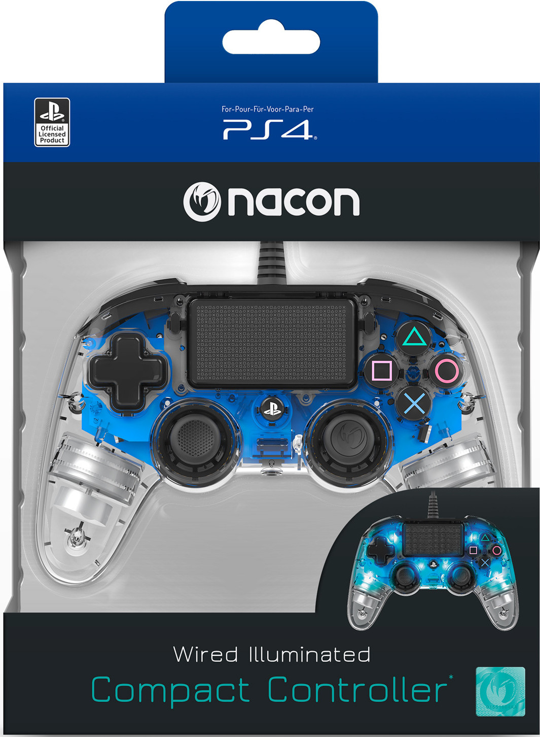 A blue Nacon PS4 controller in a clear plastic box.