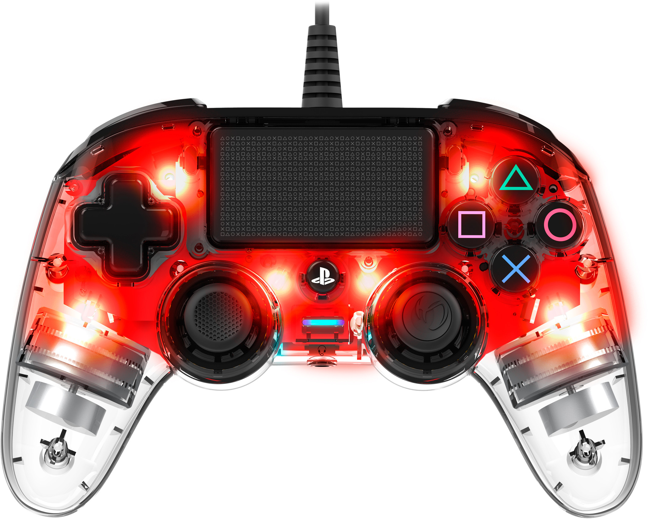 A transparent game controller with internal lights and buttons. Black cord attached.