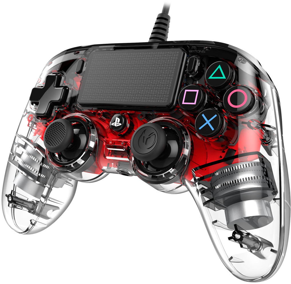 Transparent red PlayStation controller with black buttons and cable. White background.