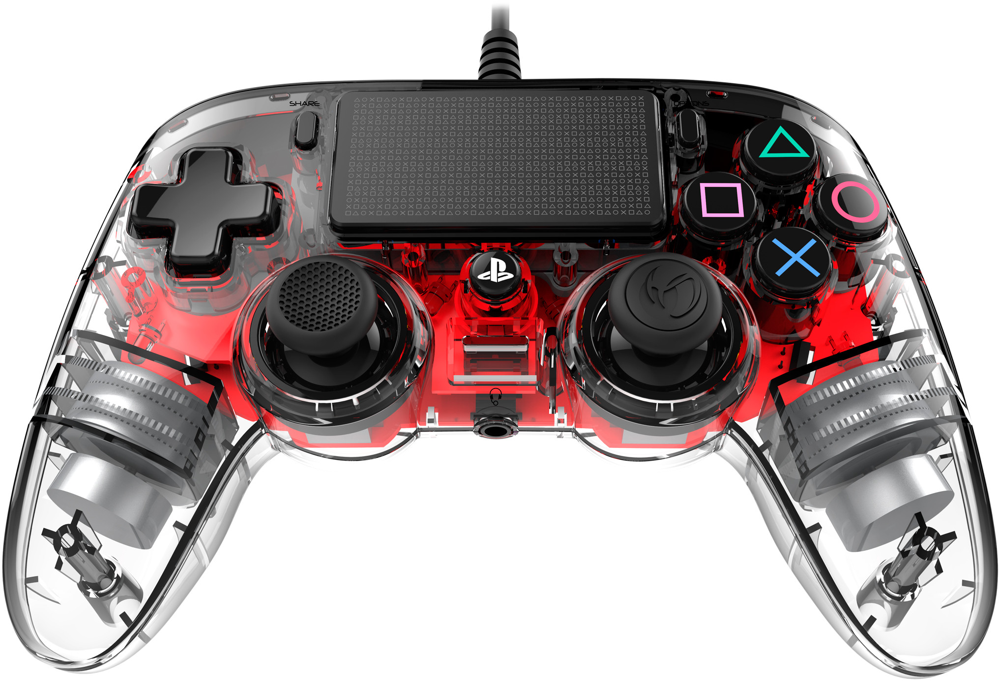 Transparent red and black gaming controller with buttons and directional pad visible.