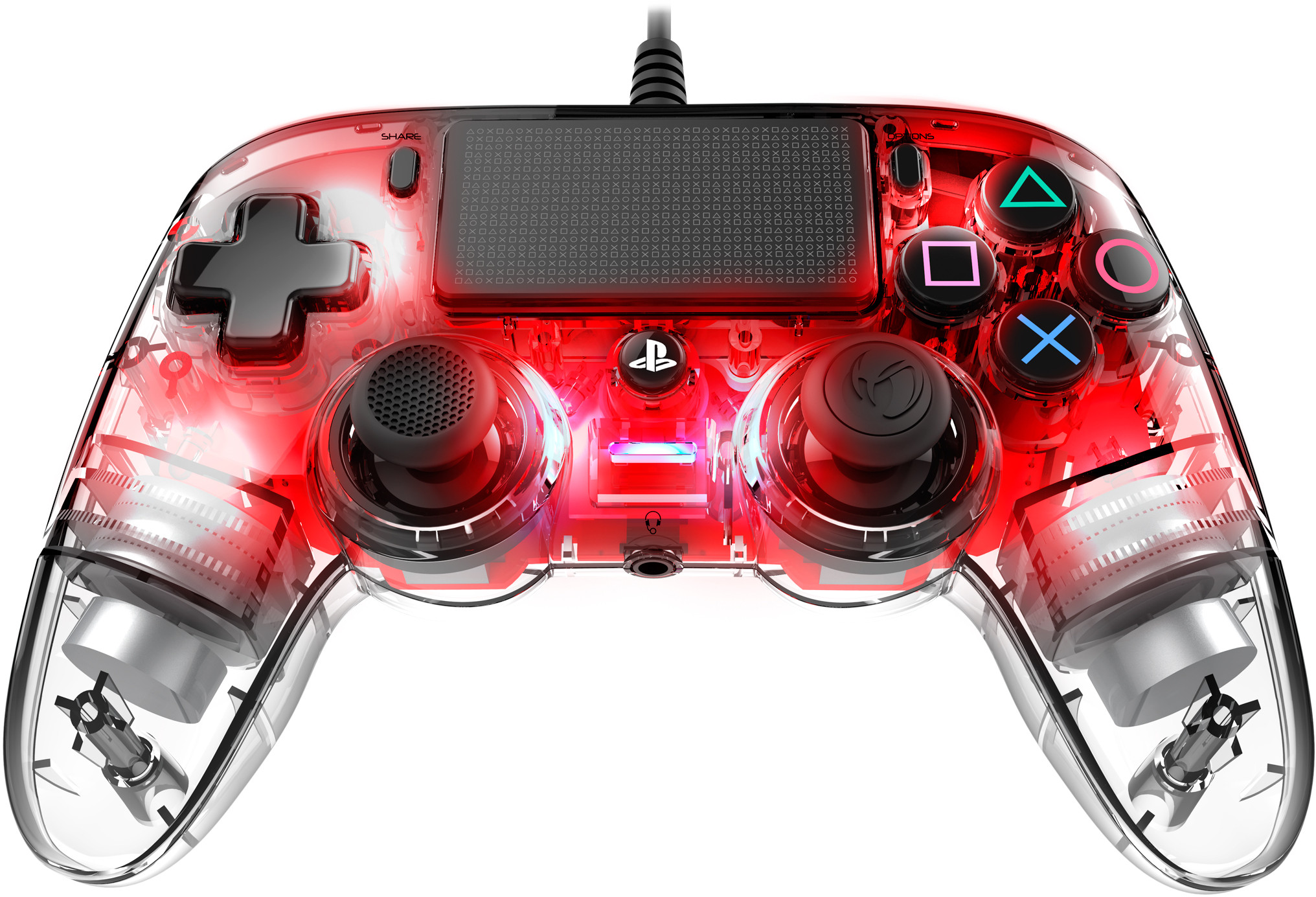 Red and clear PlayStation controller, lit up.  Has colored buttons and a clear body.