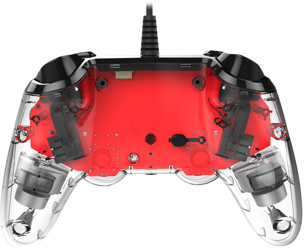 Transparent game controller back, with red internals and wire connected.