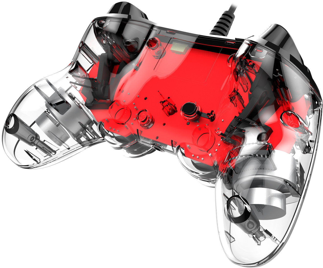 Transparent game controller with red internal components visible, black cable.