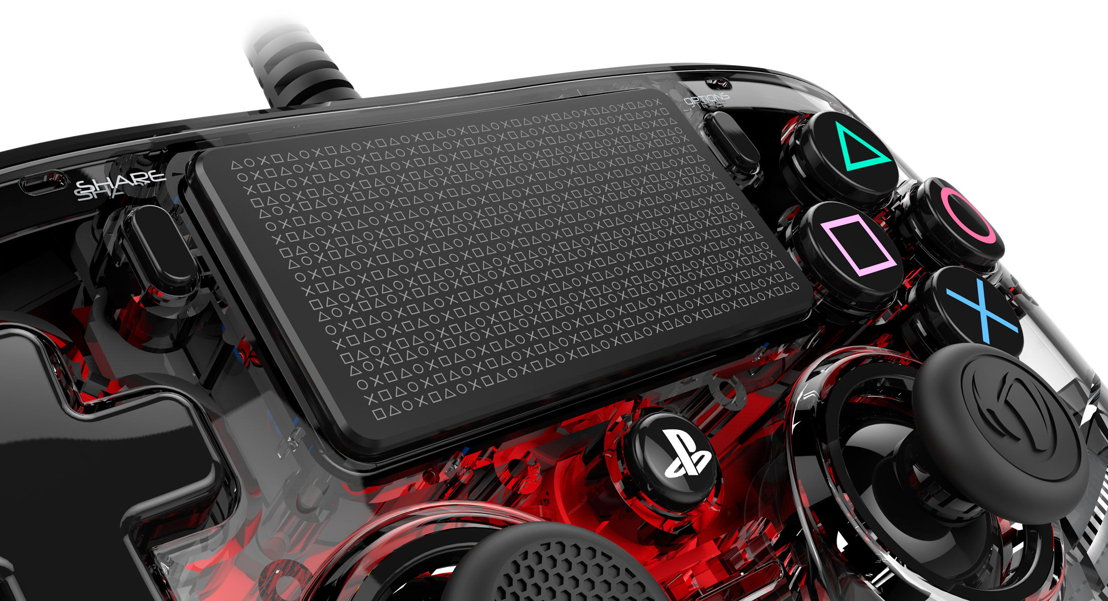 A transparent PS4 controller with red internals and black buttons and sticks. A close-up view.