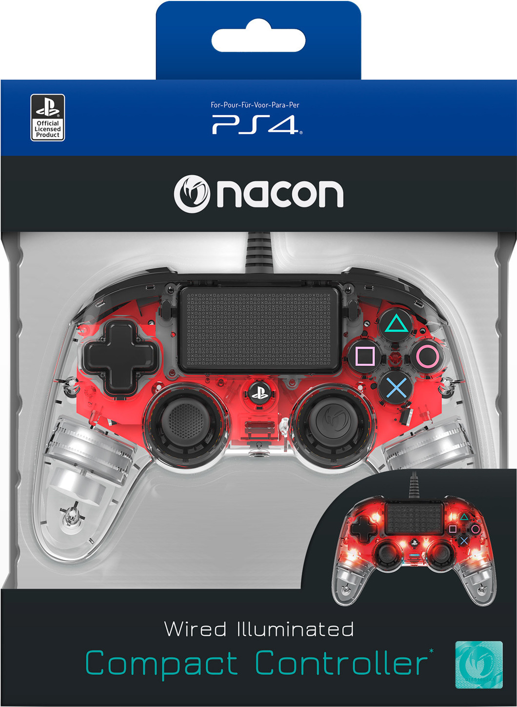A video game controller in a box, clear with red internal parts, with a smaller image of the controller.