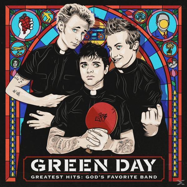 Green Day Albumcover. Drei Männer stehen vor einem Buntglasfenster. Sie tragen schwarze Hemden.