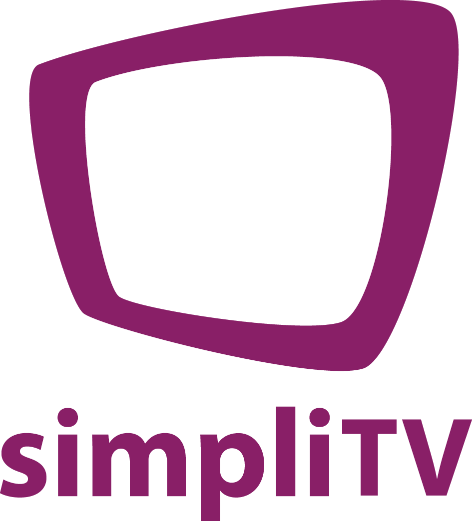SimpliTV Logo, ein lila Quadrat mit fehlender Ecke und Text darunter.
