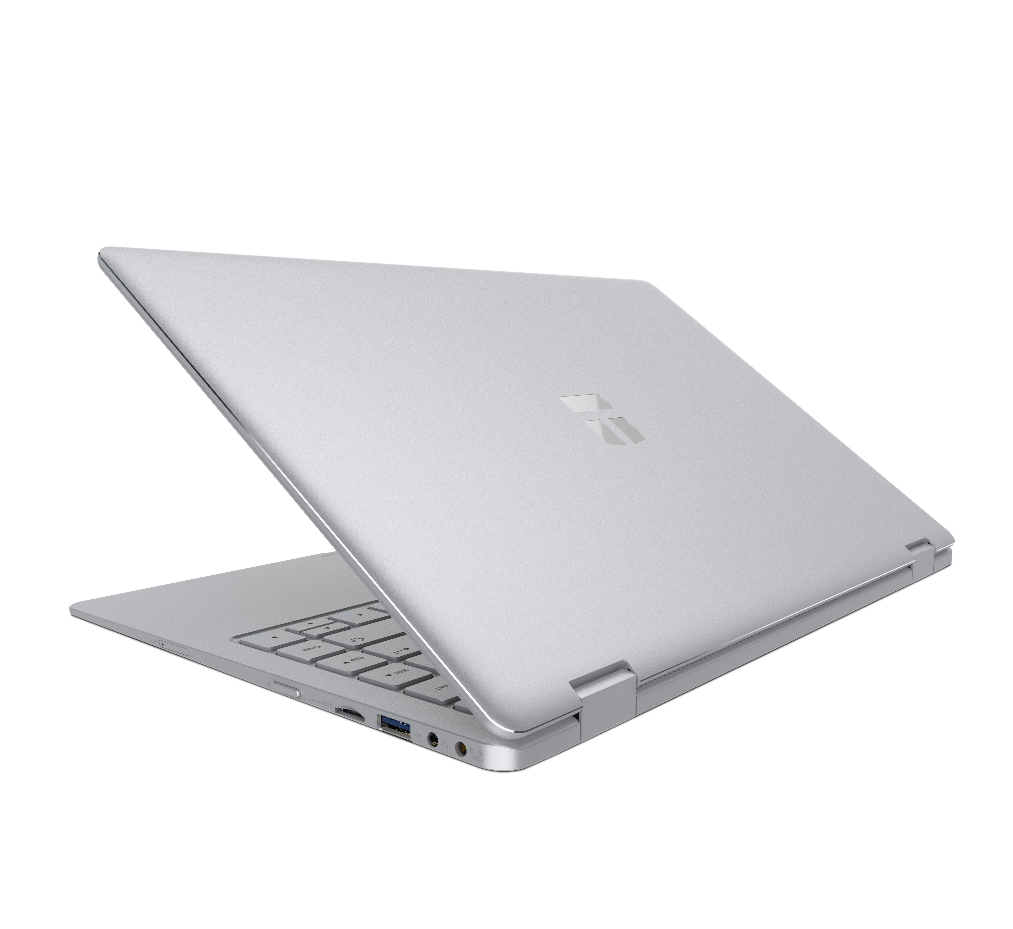 Silberner Laptop, teilweise geöffnet, zeigt Tastatur und Bildschirm. Der Deckel hat ein Logo.