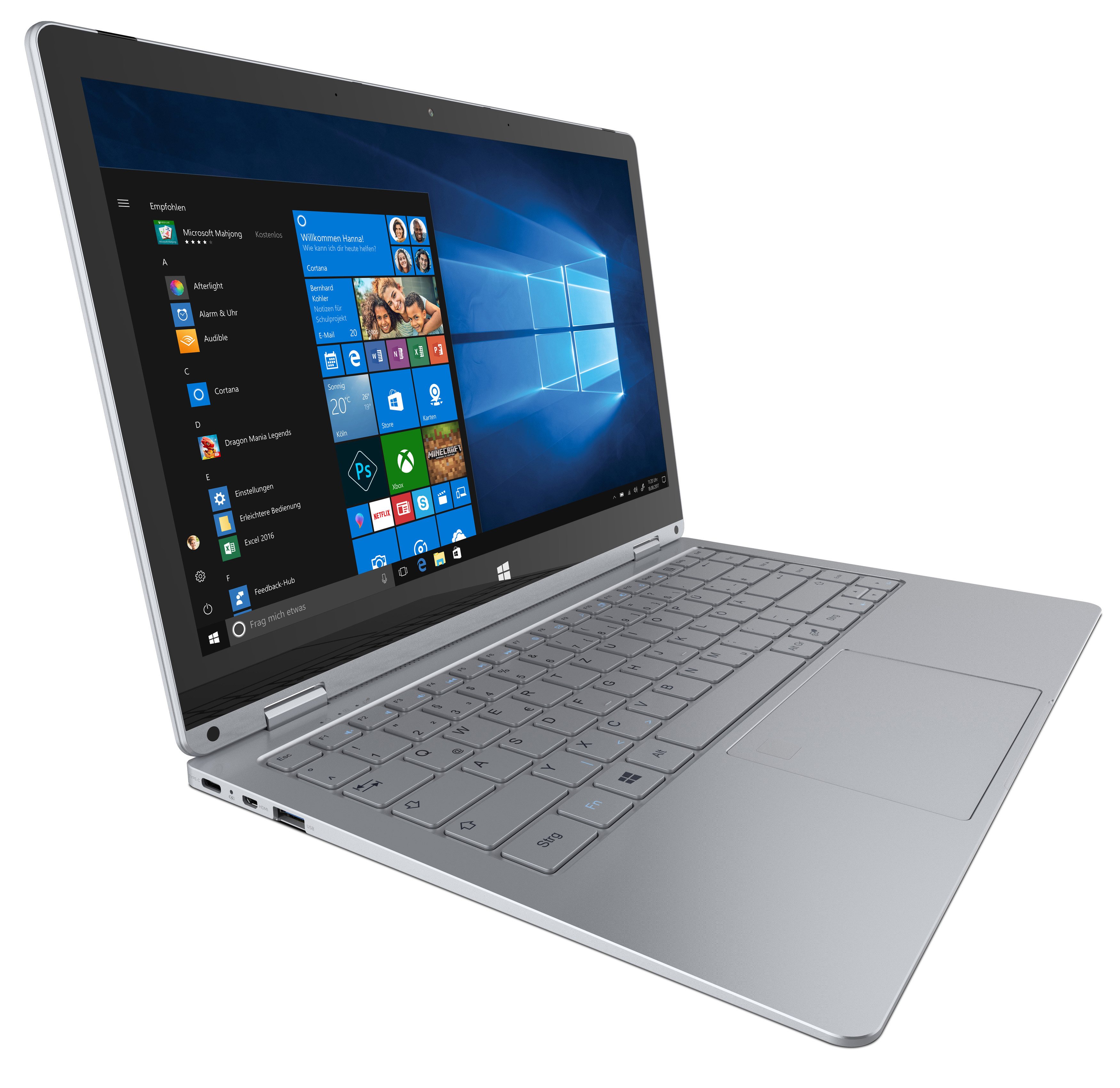 Silberner Laptop auf weißer Oberfläche. Der Bildschirm zeigt eine Windows-Oberfläche mit Anwendungssymbolen.
