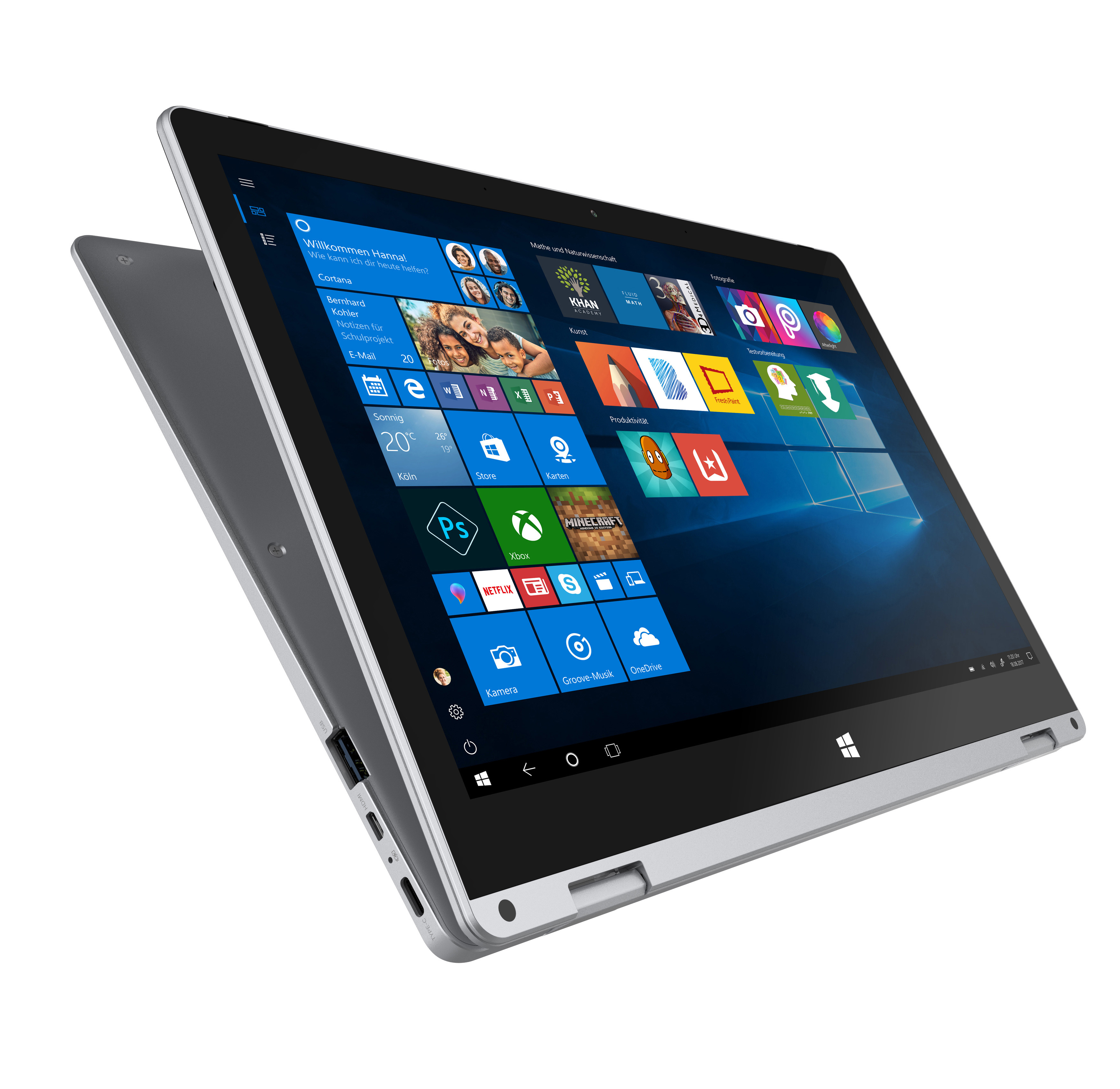 Ein silber-grauer Laptop, geöffnet und abgewinkelt, zeigt eine Windows-Oberfläche. Es ist auf Weiß isoliert.