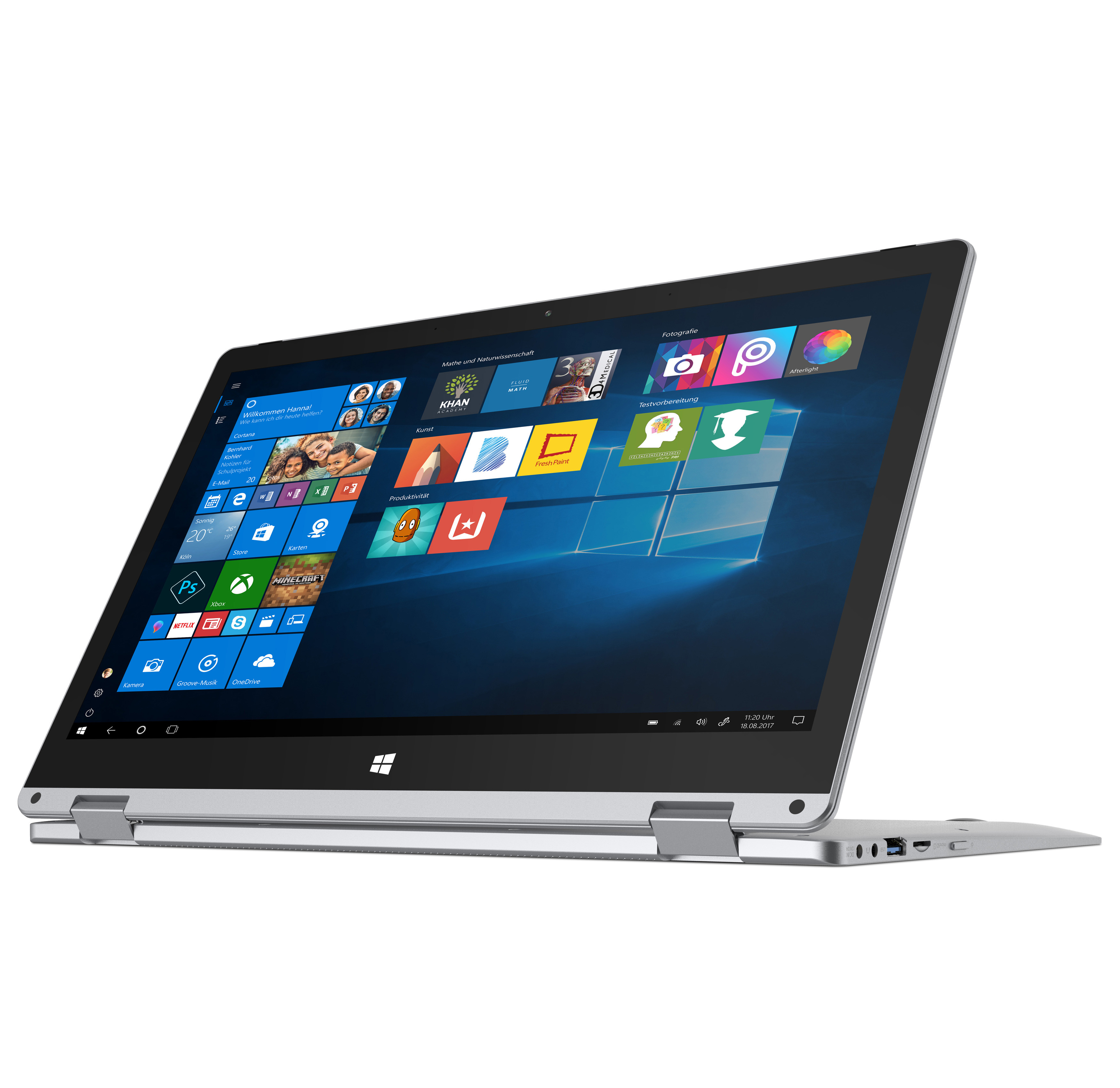 Ein silbernes Laptop mit Touchscreen, das eine Windows-Oberfläche zeigt, geöffnet auf weißem Hintergrund.