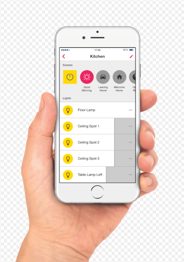 A hand holding a smartphone displaying a smart home app interface.