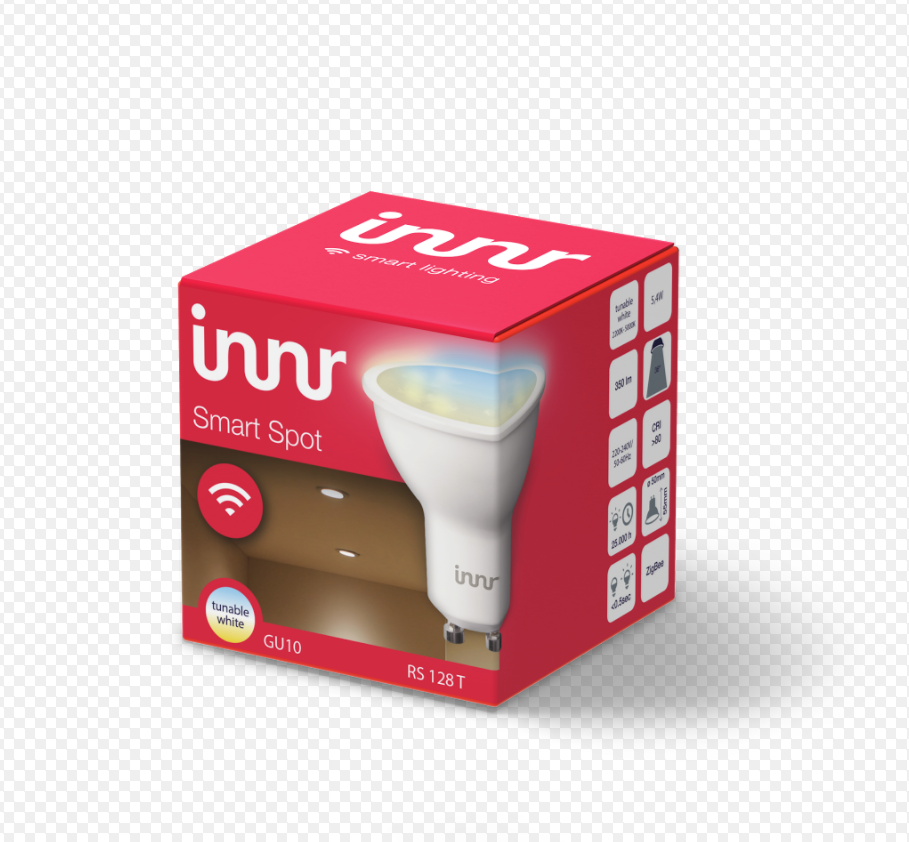 A red box with a smart spot bulb. The box has the product name innr and smart lighting.