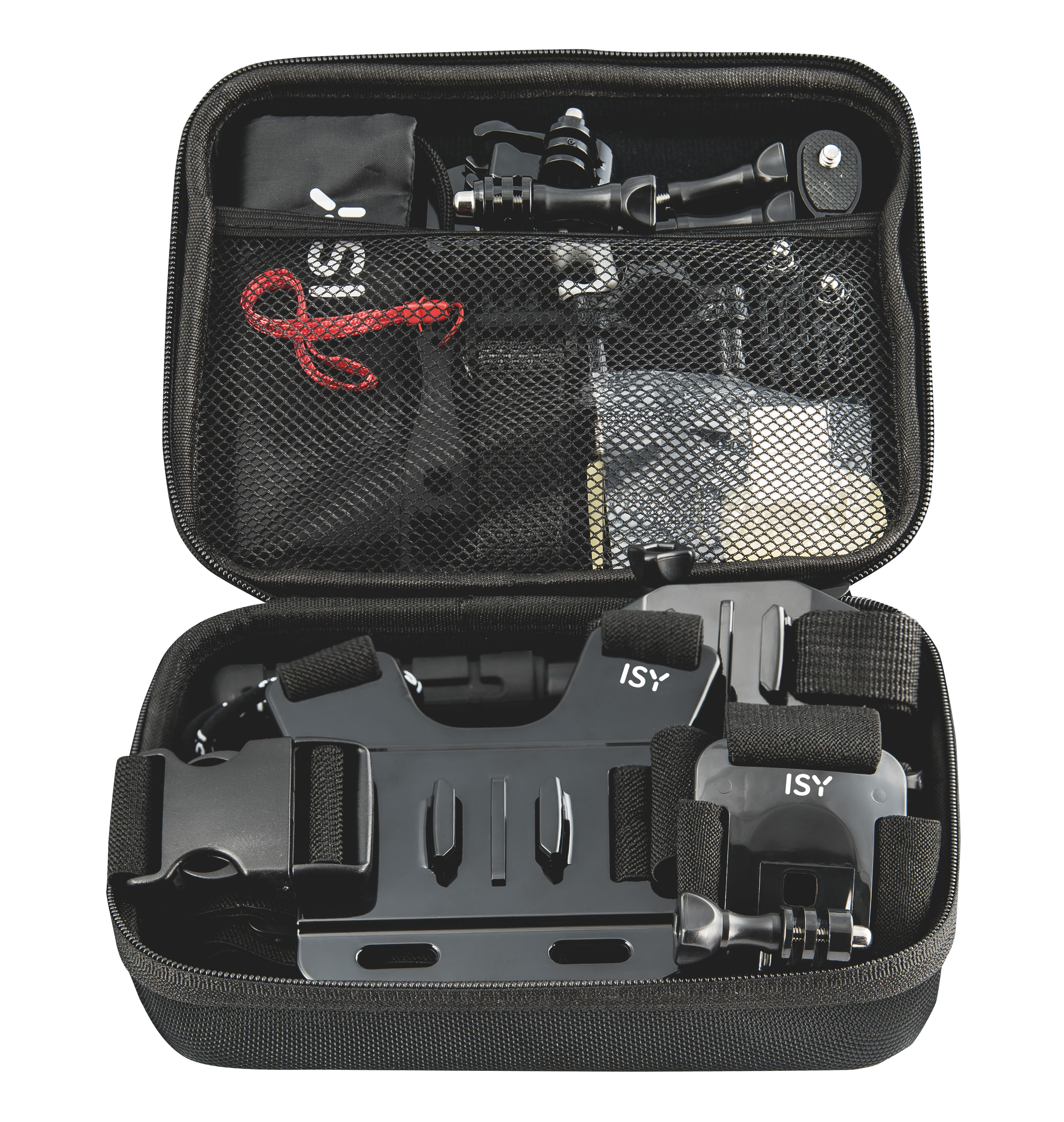 Geöffnete schwarze Tasche mit Action-Kamera-Zubehör, auf weißem Hintergrund.