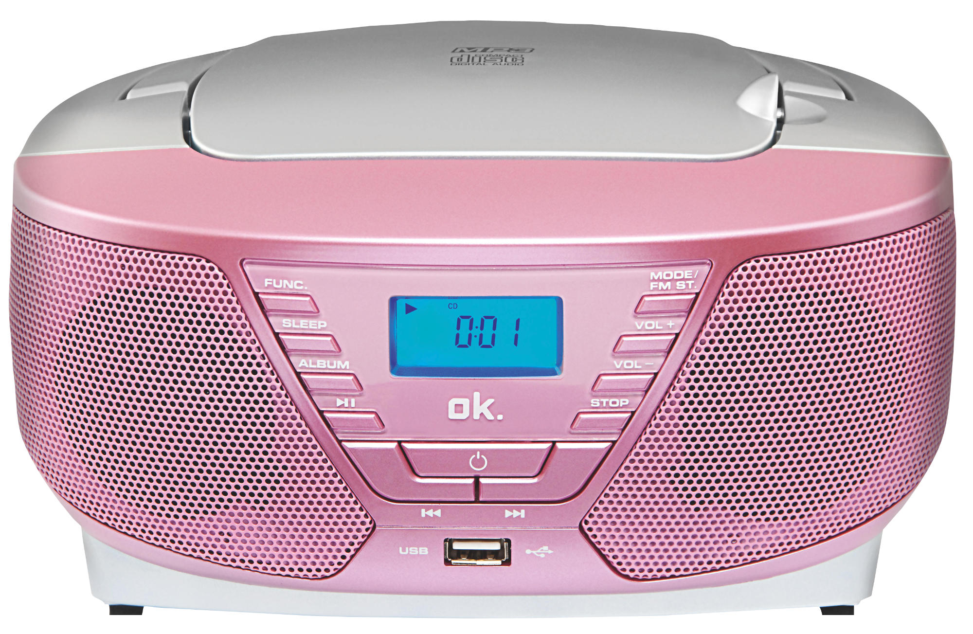 Rosa und weißer Ghettoblaster mit digitaler Anzeige und USB-Anschluss.