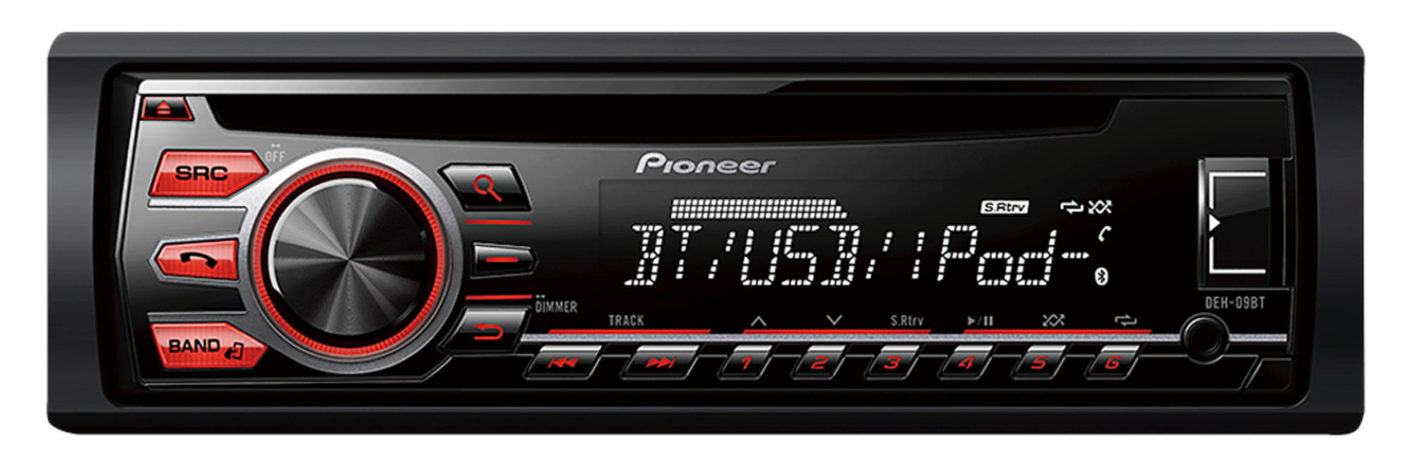 Una radio de coche Pioneer negra con pantalla digital, botones y dial.
