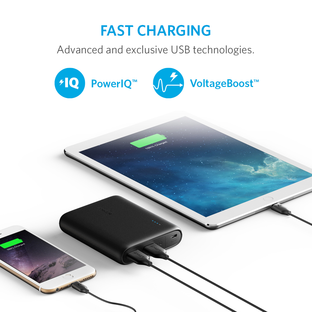 Weißer Hintergrund mit Telefon, Powerbank und Tablet. Text: 'FAST CHARGING'. Alle Geräte sind mit schwarzen Kabeln verbunden.