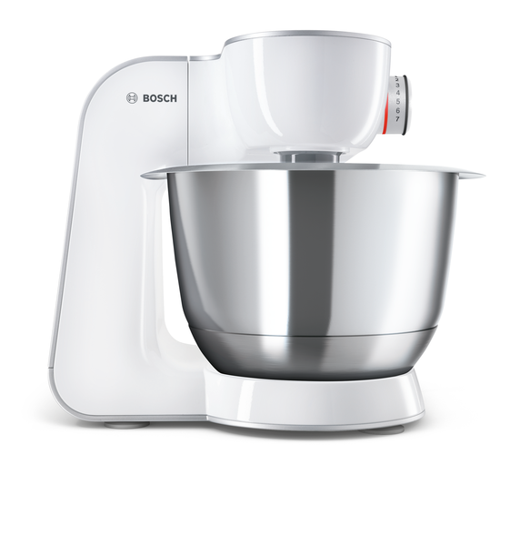 Witte Bosch keukenmixer. RVS kom, witte behuizing, rode snelheidsregelaar.