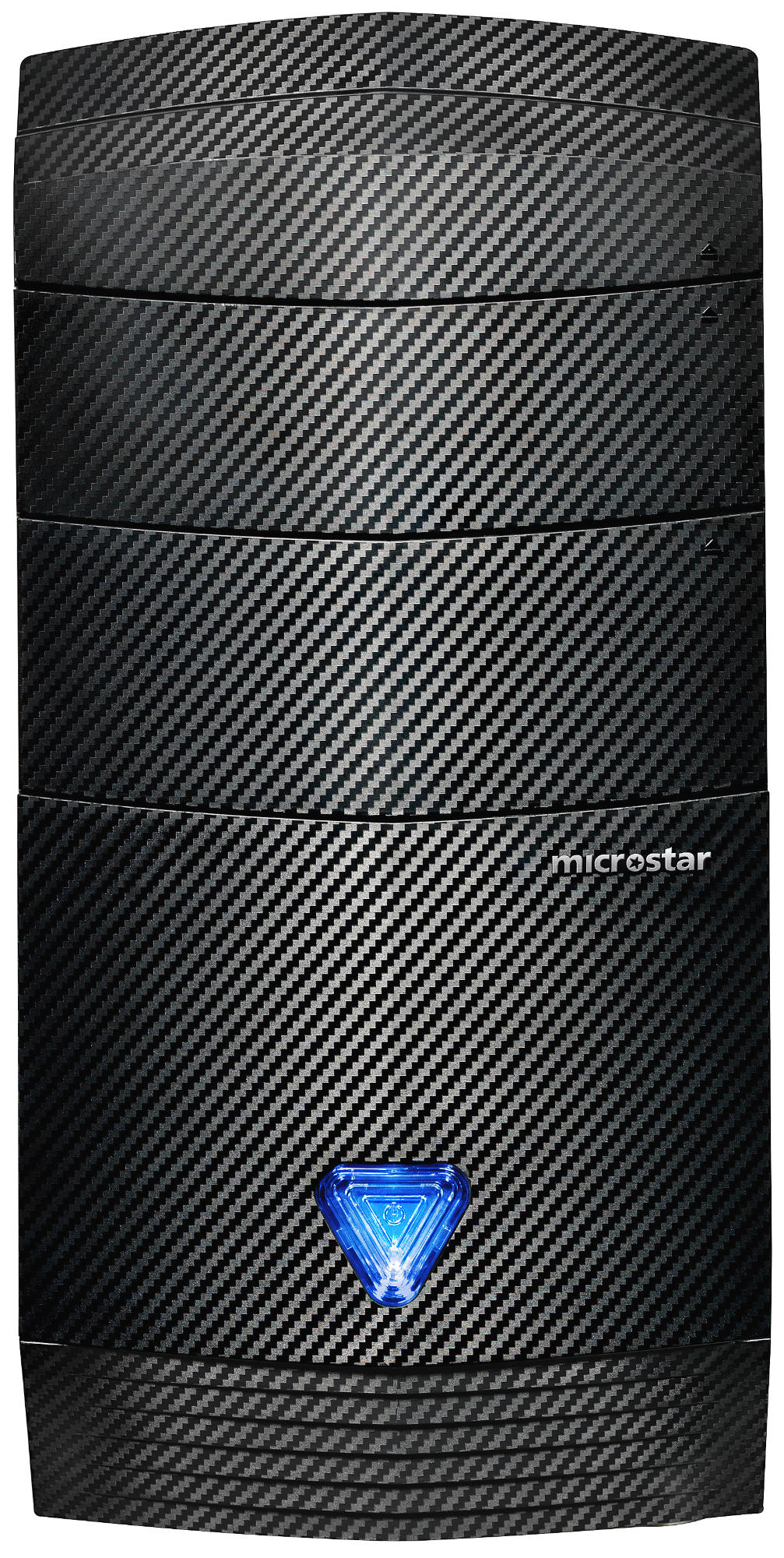 Ein schwarzes Computergehäuse mit Karbonfasermuster. Unten befindet sich ein blaues Licht.