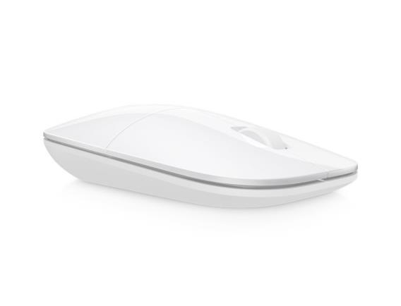 Kaydırma tekerleği ve pürüzsüz, ergonomik bir tasarıma sahip beyaz kablosuz bilgisayar faresi.