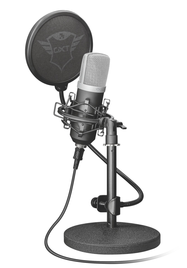 Microphone with pop filter on a stand. Black mic and stand. Trust logo on filter.