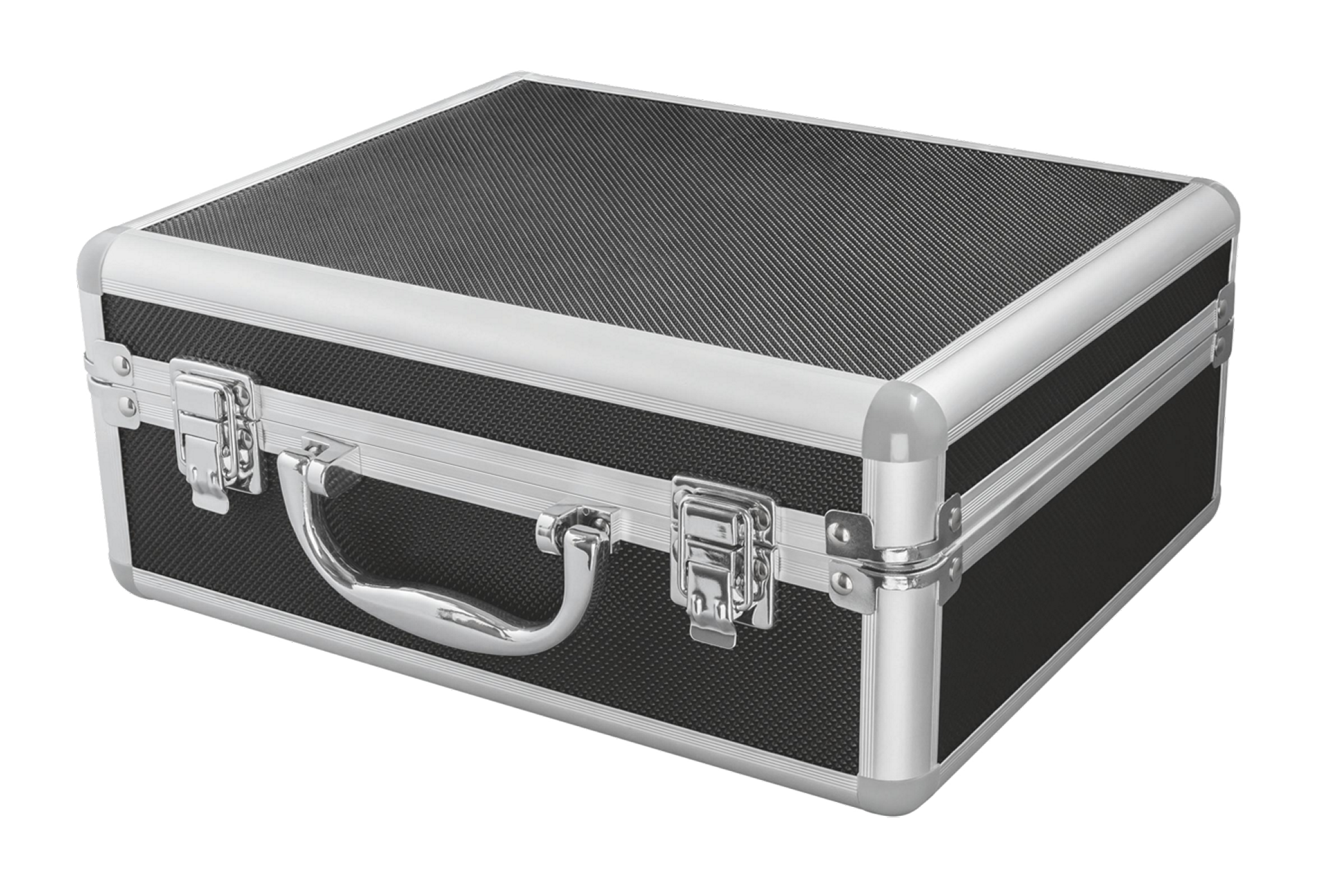 A black and silver metal suitcase with a handle and clasps on a black background.