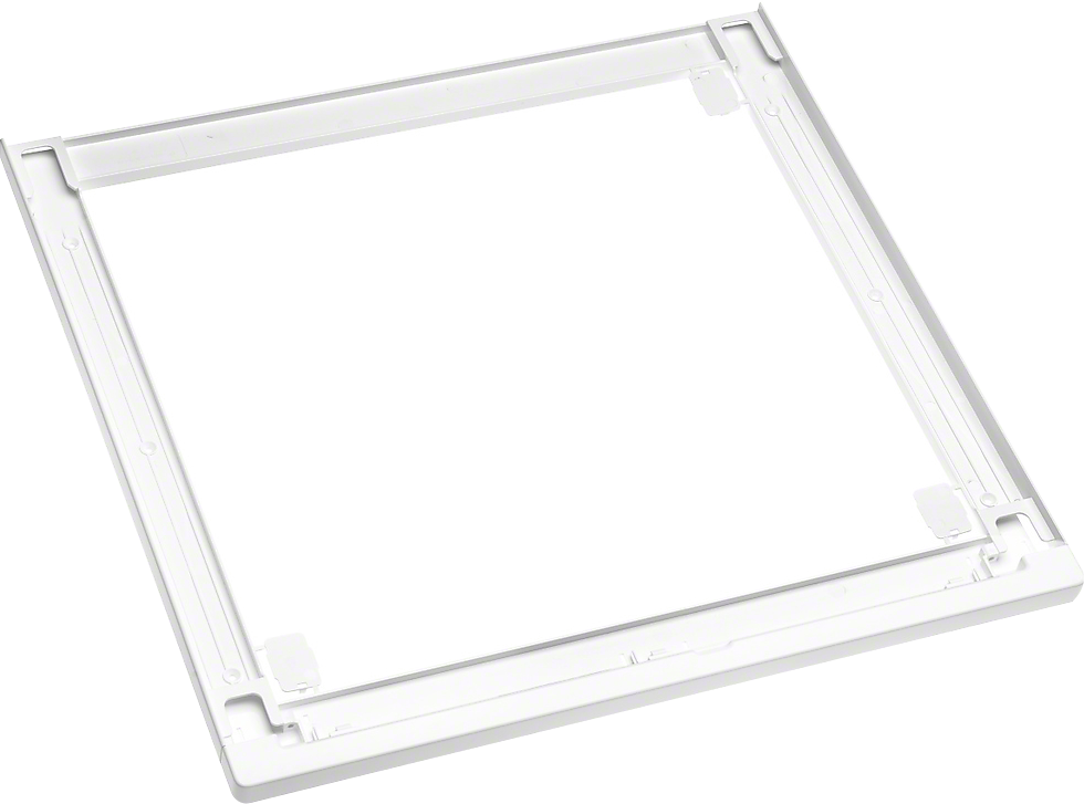 Un cadre rectangulaire blanc avec un bord légèrement surélevé et quatre petits coussinets carrés aux coins.