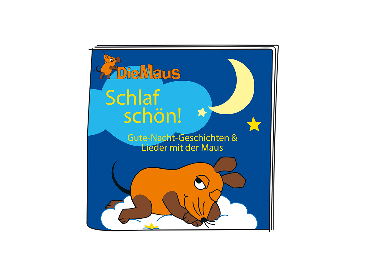 Cover des Kinderbuchs 'Die Maus'. Zeichentrickmaus auf einer Wolke unter Mond und Sternen.