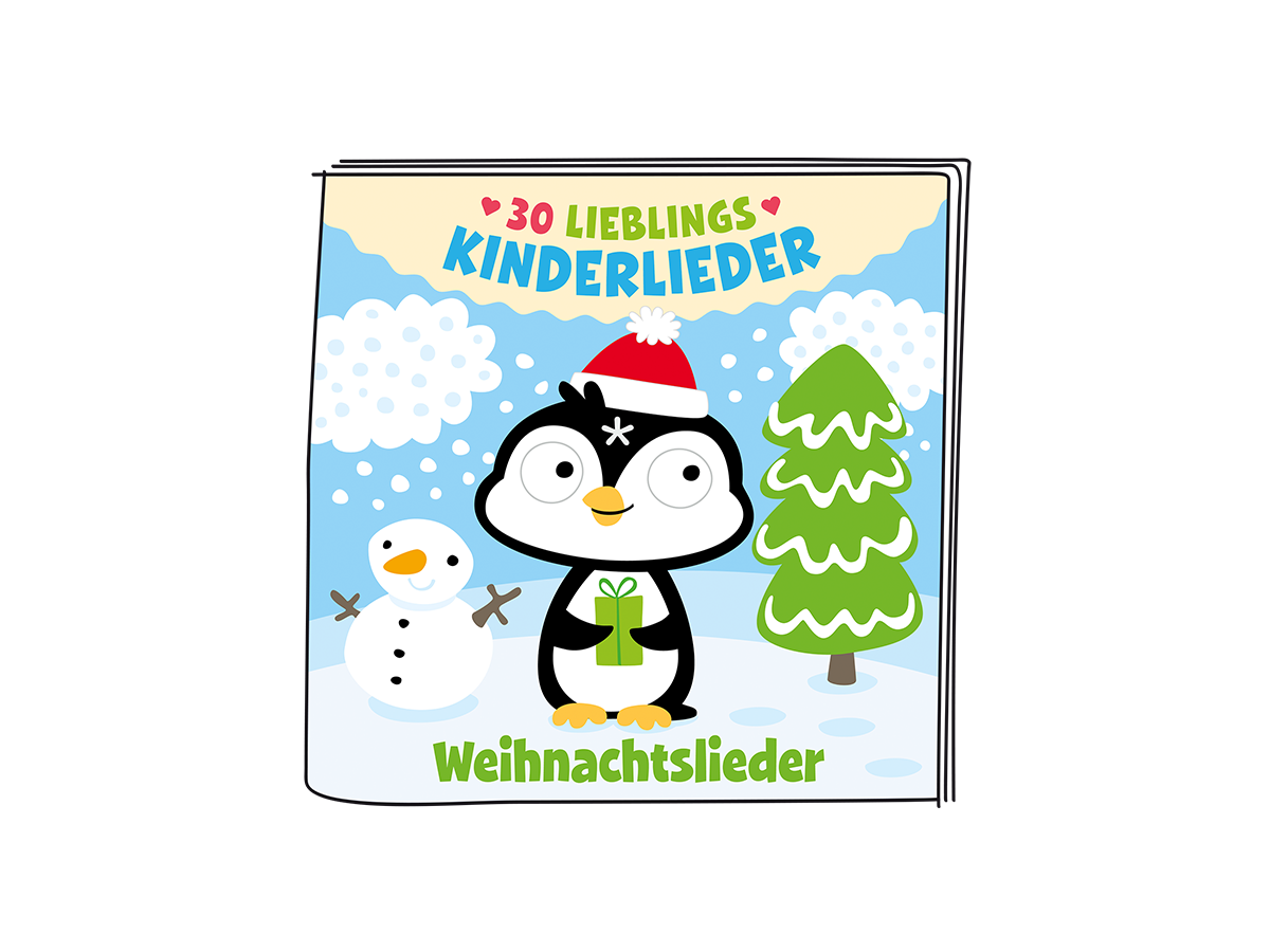 Illustration eines Pinguins mit Weihnachtsmütze, Geschenk, Schneemann, Weihnachtsbaum und deutschem Text auf schneebedecktem Hintergrund.