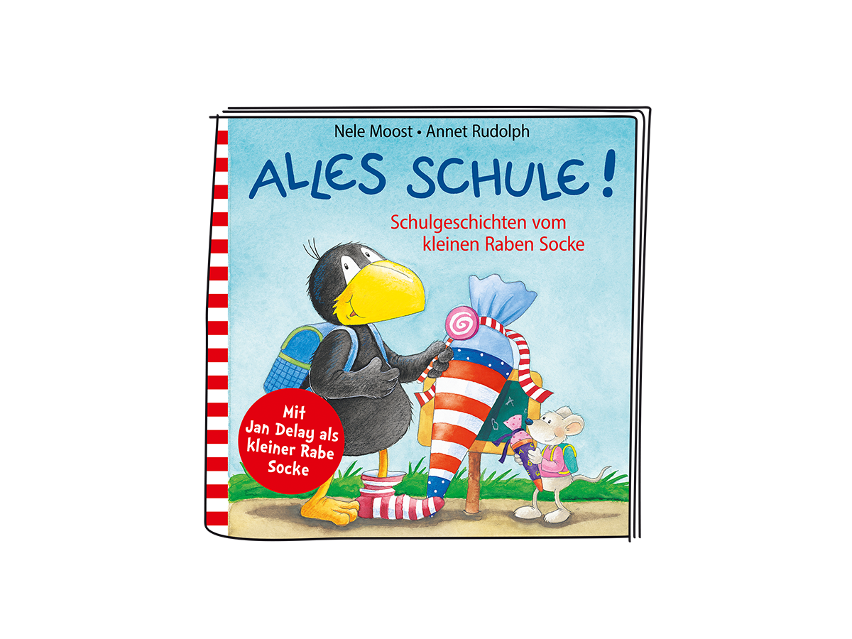 Ein Kinderbuchcover mit einer Krähe, einer Maus und einer Schultasche.
