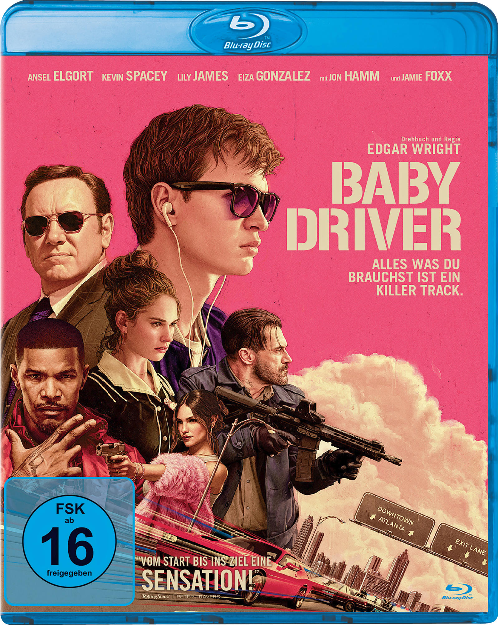 Baby Driver DVD-Cover, eine Gruppe von Leuten, Action-Szene, Text.