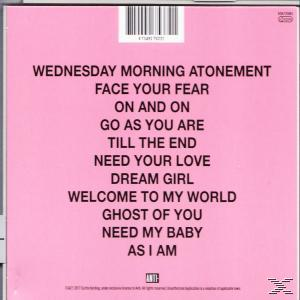 Roze CD-hoes met zwarte tekst met songtitels: Wednesday Morning Atonement, Face Your Fear, On And On, enz.