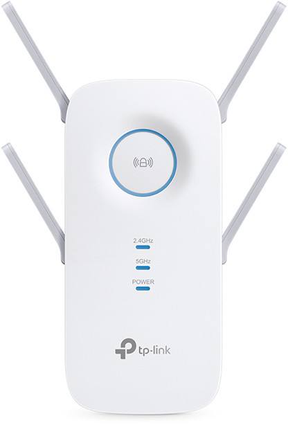 Répéteur wifi blanc avec 4 antennes. L'appareil a un bouton bleu et des voyants.