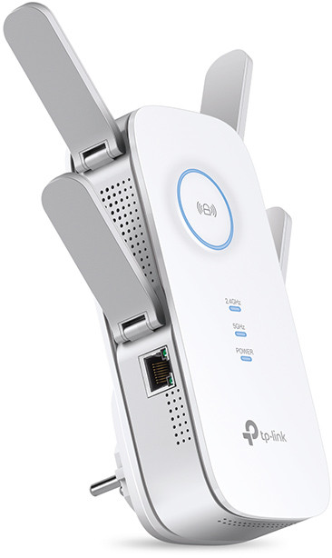 Répéteur Wi-Fi TP-Link blanc avec antennes et ports.